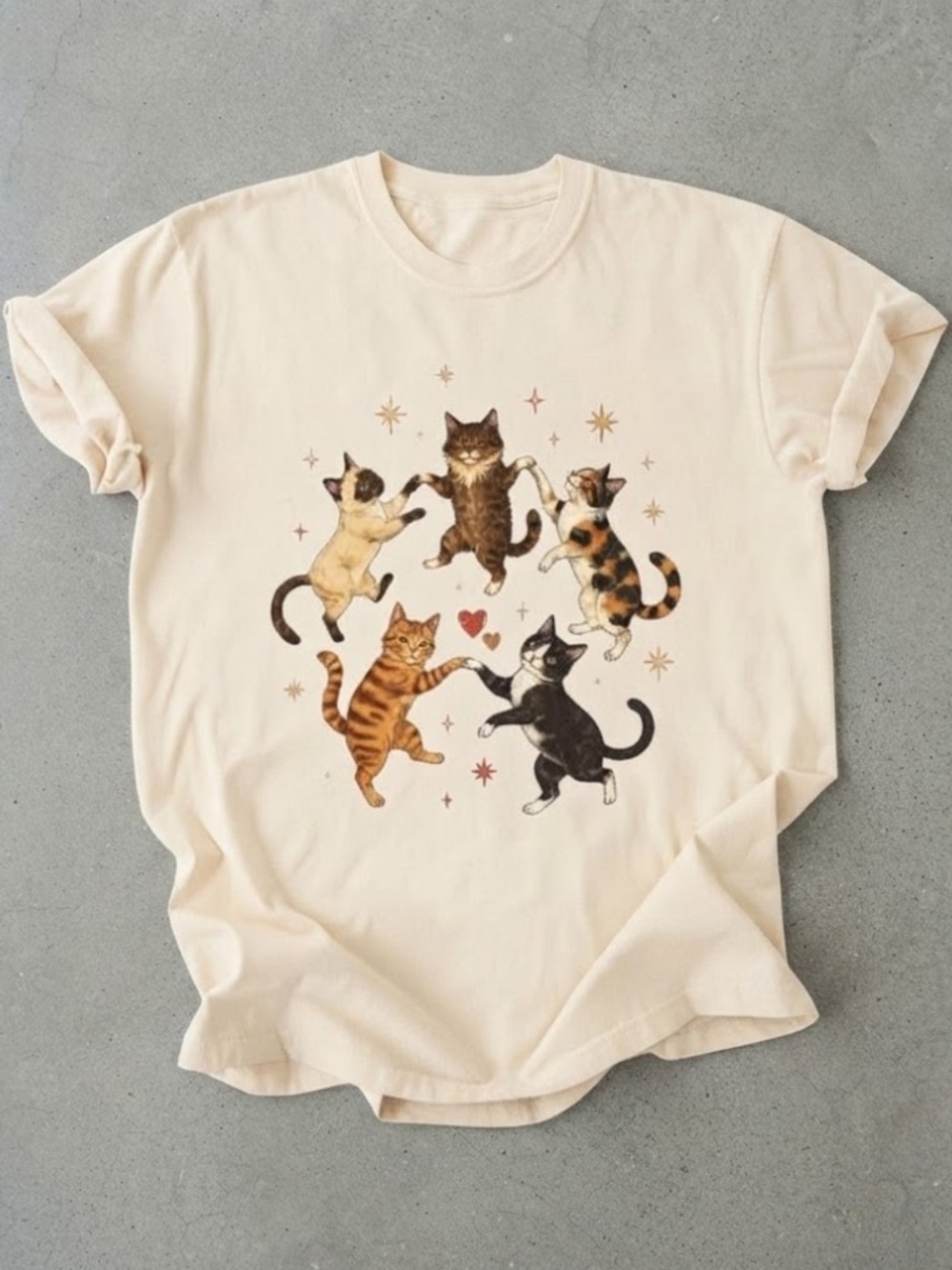 Cute Dancing Cats Circle Heart Stars Cream Color Gildan T-Shirt